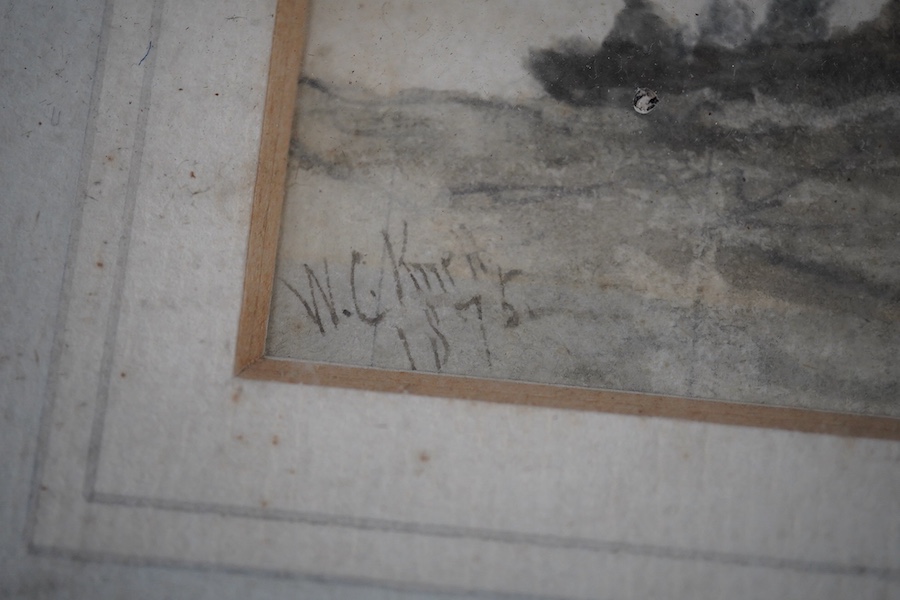 William Calcott Knell (19th C.), watercolour, Shipping at sea, signed and dated 1875, Colin Denny, London inscribed label verso, 10 x 17cm. Condition - fair
